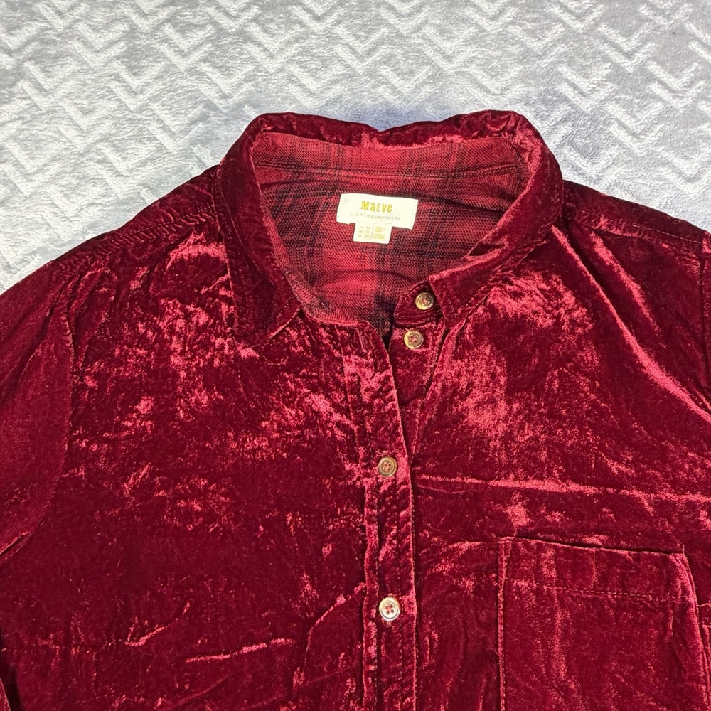 Maeve Anthropologie Velvet Button Down Shirt Blouse Red Burgundy 10 Holiday Boho
